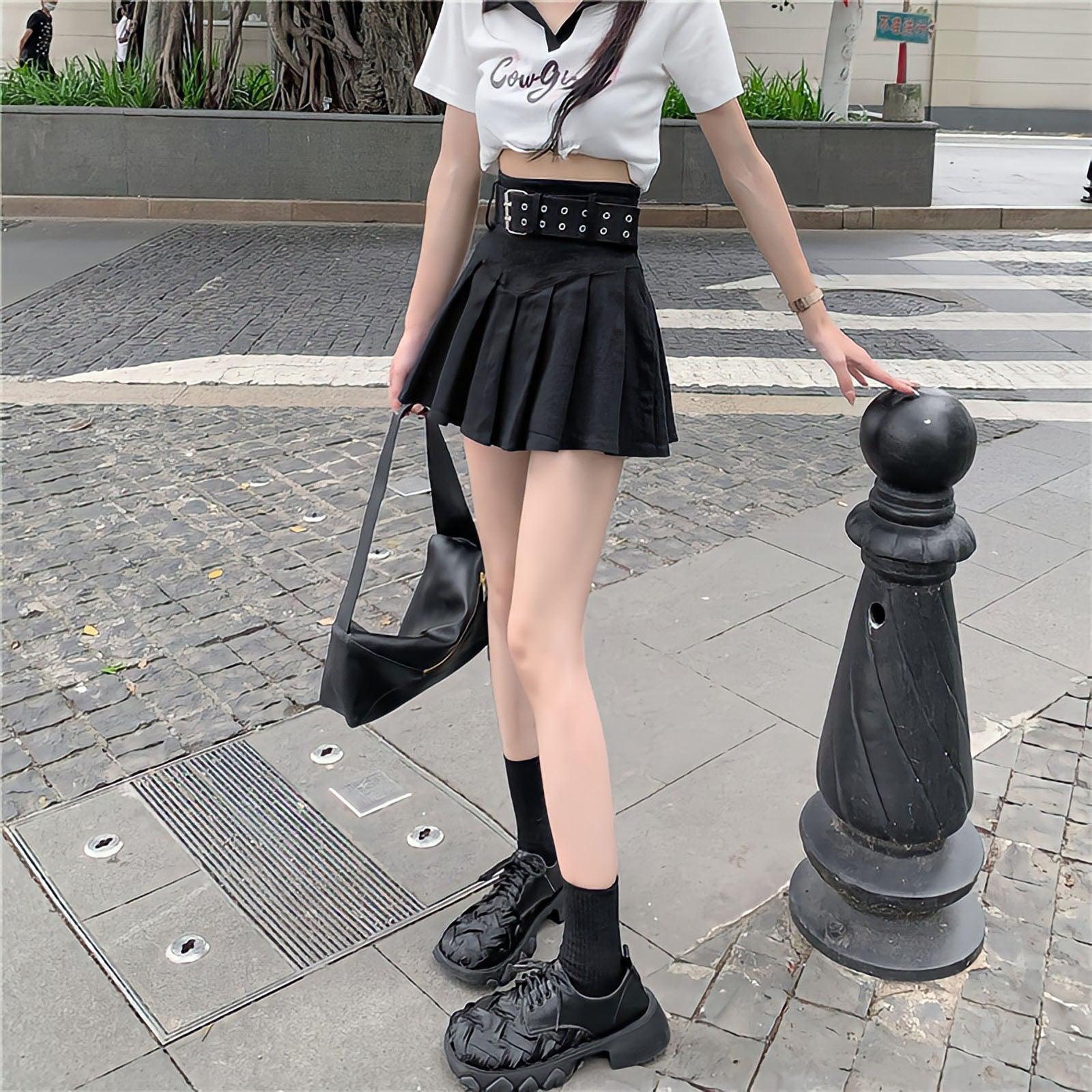 Style Core Aesthetics, New Style Trends - Belt Detail Pleated Mini Skirt Style Core Aesthetics, New Style Trends - Belt Detail Pleated Mini Skirt