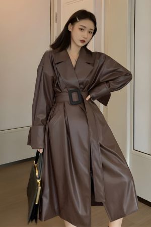 Style Core Aesthetics, New Style Trends - Belted Faux Leather Coat