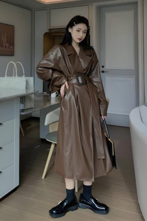 Style Core Aesthetics, New Style Trends - Belted Faux Leather Coat