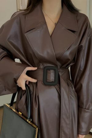 Style Core Aesthetics, New Style Trends - Belted Faux Leather Coat
