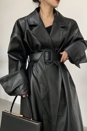 Style Core Aesthetics, New Style Trends - Belted Faux Leather Coat