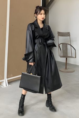Style Core Aesthetics, New Style Trends - Belted Faux Leather Coat