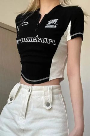 Style Core Aesthetics, New Style Trends - Biker Half Zip-Up Crop Top