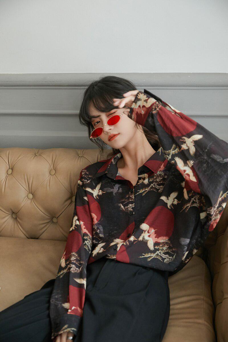 Style Core Aesthetics, New Style Trends - Bird Pattern Long Sleeve Shirt