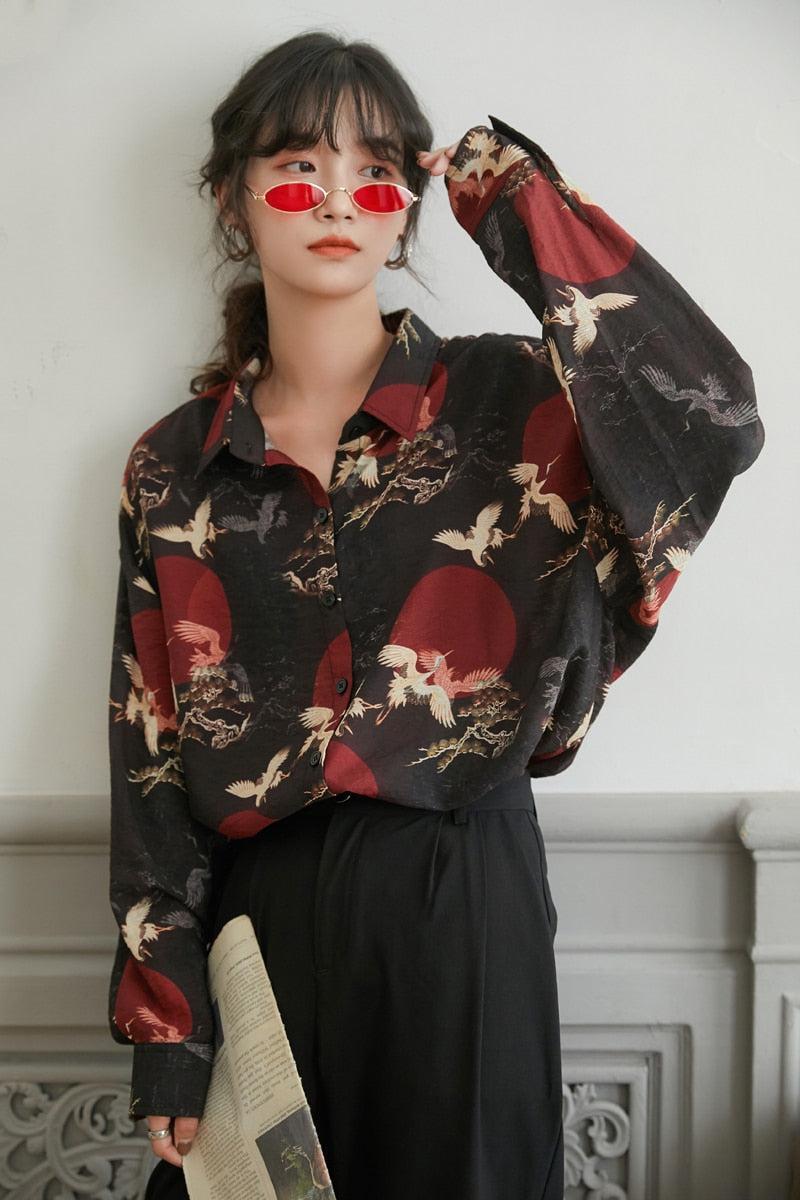 Style Core Aesthetics, New Style Trends - Bird Pattern Long Sleeve Shirt