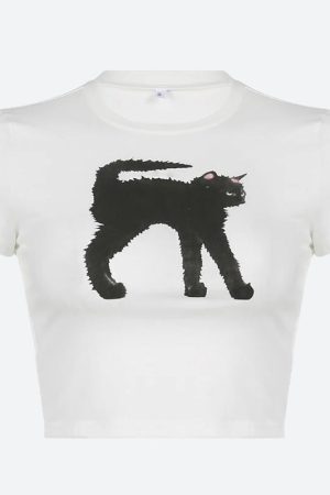 Style Core Aesthetics, New Style Trends - Black Cat Crop Tee