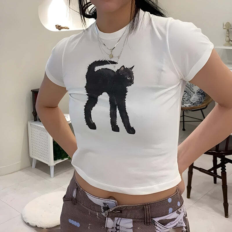 Style Core Aesthetics, New Style Trends - Black Cat Crop Tee