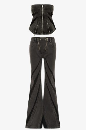 Style Core Aesthetics, New Style Trends - Black Denim Tube Top & Patch Jeans Two Piece Set
