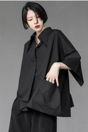 Style Core Aesthetics, New Style Trends - Black Korean Asymmetric Shirt