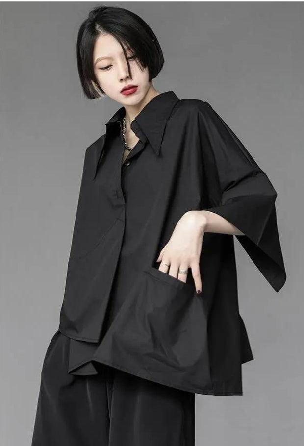 Style Core Aesthetics, New Style Trends - Black Korean Asymmetric Shirt Style Core Aesthetics, New Style Trends - Black Korean Asymmetric Shirt