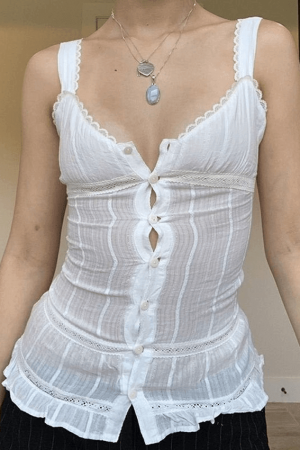 Style Core Aesthetics, New Style Trends - Buttoned Lace Trim Tank Top