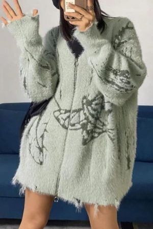 Style Core Aesthetics, New Style Trends - Cardigan ample imprimé à col en V et fermeture éclair