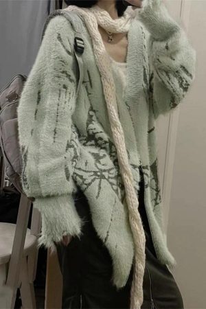 Style Core Aesthetics, New Style Trends - Cardigan ample imprimé à col en V et fermeture éclair