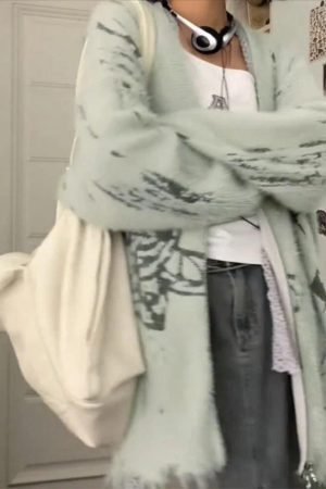 Style Core Aesthetics, New Style Trends - Cardigan ample imprimé à col en V et fermeture éclair