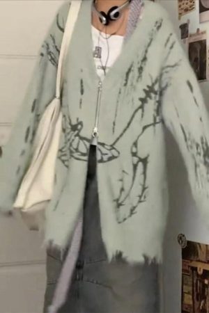 Style Core Aesthetics, New Style Trends - Cardigan ample imprimé à col en V et fermeture éclair