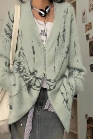 Style Core Aesthetics, New Style Trends - Cardigan ample imprimé à col en V et fermeture éclair