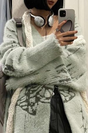 Style Core Aesthetics, New Style Trends - Cardigan ample imprimé à col en V et fermeture éclair