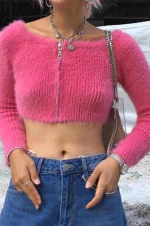 Style Core Aesthetics, New Style Trends - Cardigan court en peluche à col en V de couleur unie