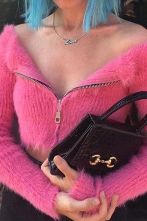 Style Core Aesthetics, New Style Trends - Cardigan court en peluche à col en V de couleur unie