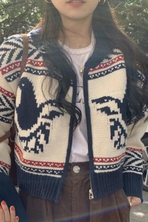 Style Core Aesthetics, New Style Trends - Cardigan court en tricot zippé à imprimé vintage