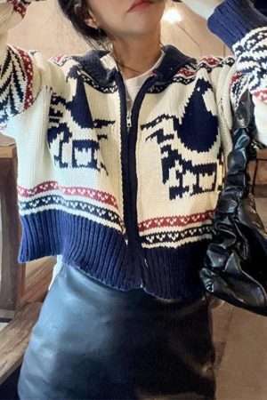 Style Core Aesthetics, New Style Trends - Cardigan court en tricot zippé à imprimé vintage