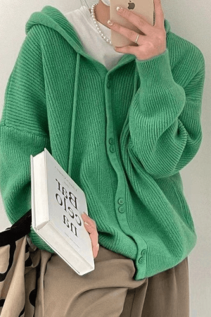 Style Core Aesthetics, New Style Trends - Cardigan en tricot à capuche boutonné sur le devant