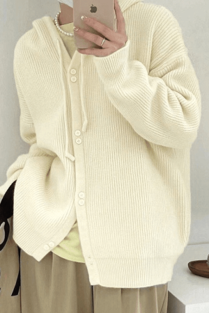 Style Core Aesthetics, New Style Trends - Cardigan en tricot à capuche boutonné sur le devant