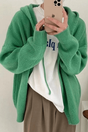 Style Core Aesthetics, New Style Trends - Cardigan en tricot à capuche boutonné sur le devant