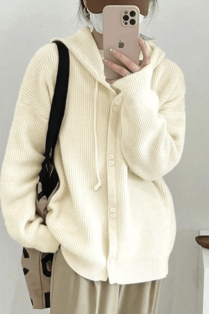 Style Core Aesthetics, New Style Trends - Cardigan en tricot à capuche boutonné sur le devant