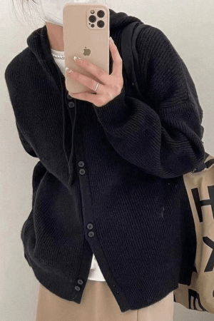 Style Core Aesthetics, New Style Trends - Cardigan en tricot à capuche boutonné sur le devant