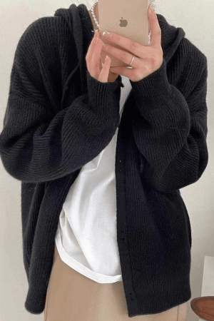 Style Core Aesthetics, New Style Trends - Cardigan en tricot à capuche boutonné sur le devant