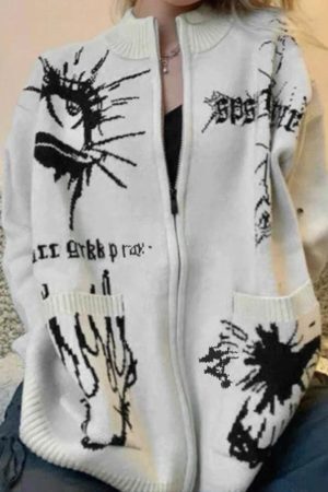 Style Core Aesthetics, New Style Trends - Cardigan en tricot à grandes poches et imprimé différent