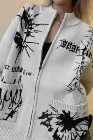 Style Core Aesthetics, New Style Trends - Cardigan en tricot à grandes poches et imprimé différent