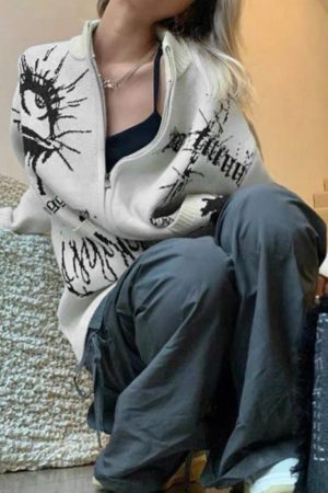 Style Core Aesthetics, New Style Trends - Cardigan en tricot à grandes poches et imprimé différent