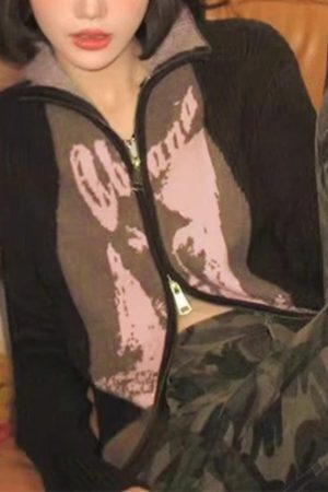 Style Core Aesthetics, New Style Trends - Cardigan Vintage à Patch de Couleur Contrastée à Imprimé Abstrait