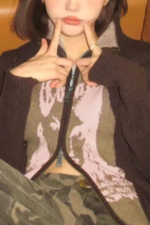 Style Core Aesthetics, New Style Trends - Cardigan Vintage à Patch de Couleur Contrastée à Imprimé Abstrait