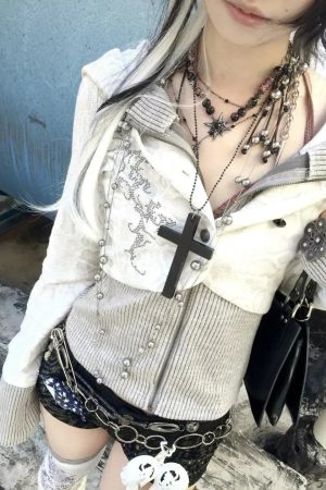 Style Core Aesthetics, New Style Trends - Cardigan Y2K Grunge Strass Superposé