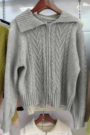 Style Core Aesthetics, New Style Trends - Cardigan zippé à col à revers torsadé