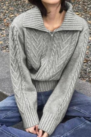 Style Core Aesthetics, New Style Trends - Cardigan zippé à col à revers torsadé