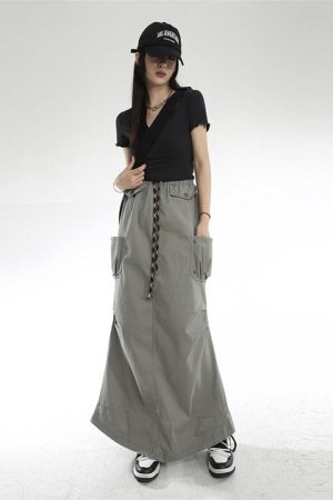 Style Core Aesthetics, New Style Trends - Cargo Pockets Parachute Maxi Skirt