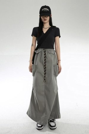Style Core Aesthetics, New Style Trends - Cargo Pockets Parachute Maxi Skirt