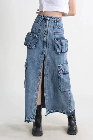Style Core Aesthetics, New Style Trends - Cargo Split Denim Midi Skirt