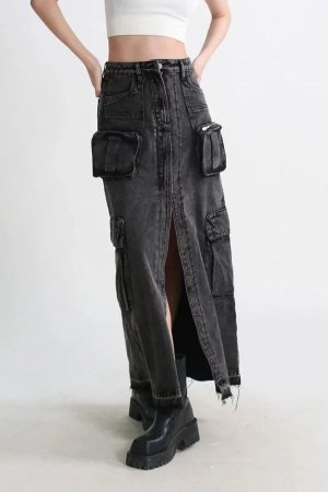 Style Core Aesthetics, New Style Trends - Cargo Split Denim Midi Skirt