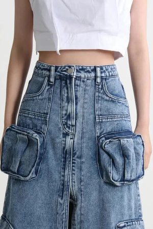 Style Core Aesthetics, New Style Trends - Cargo Split Denim Midi Skirt