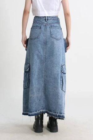 Style Core Aesthetics, New Style Trends - Cargo Split Denim Midi Skirt