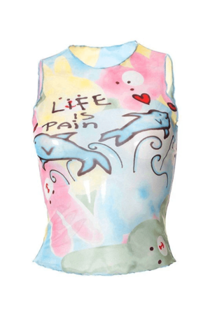 Style Core Aesthetics, New Style Trends - Cartoon Print Mesh Tank Top
