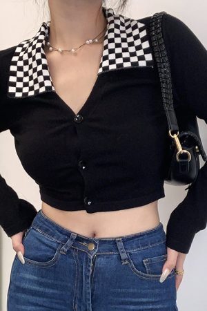 Style Core Aesthetics, New Style Trends - Checkerboard Collar Top