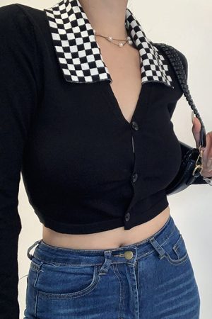 Style Core Aesthetics, New Style Trends - Checkerboard Collar Top