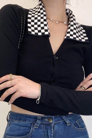 Style Core Aesthetics, New Style Trends - Checkerboard Collar Top