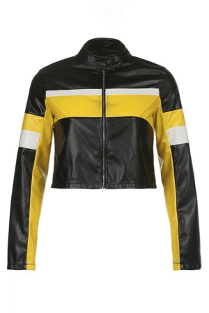 Style Core Aesthetics, New Style Trends - Color Block Cropped Pu Leather Moto Jacket